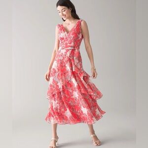WHBM Coral Flirty Floral Print Midi Dress